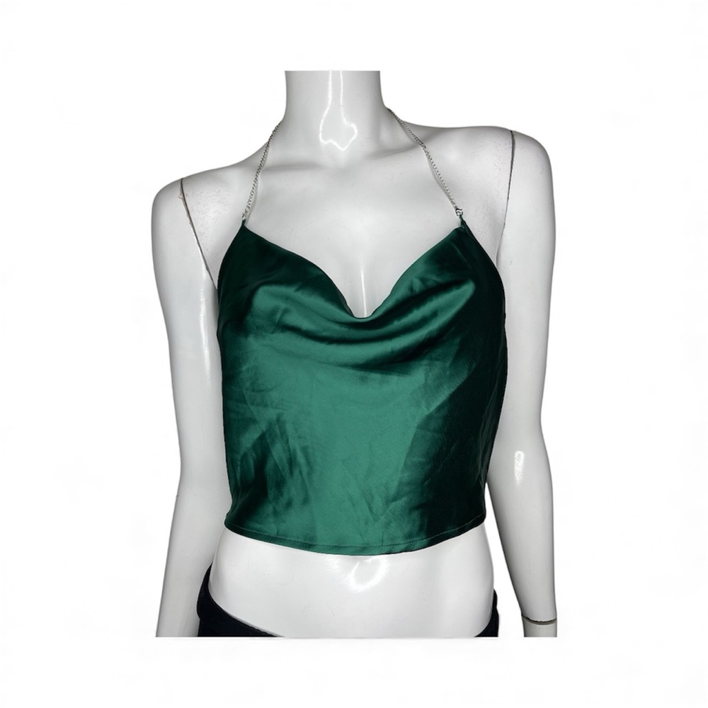 🤑 5/$25 SHEIN Green Satin Crop Top with Chain Straps